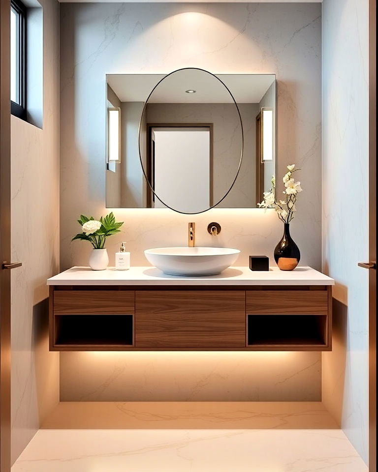statement floating vanity - 20 Luxury Powder Room Ideas