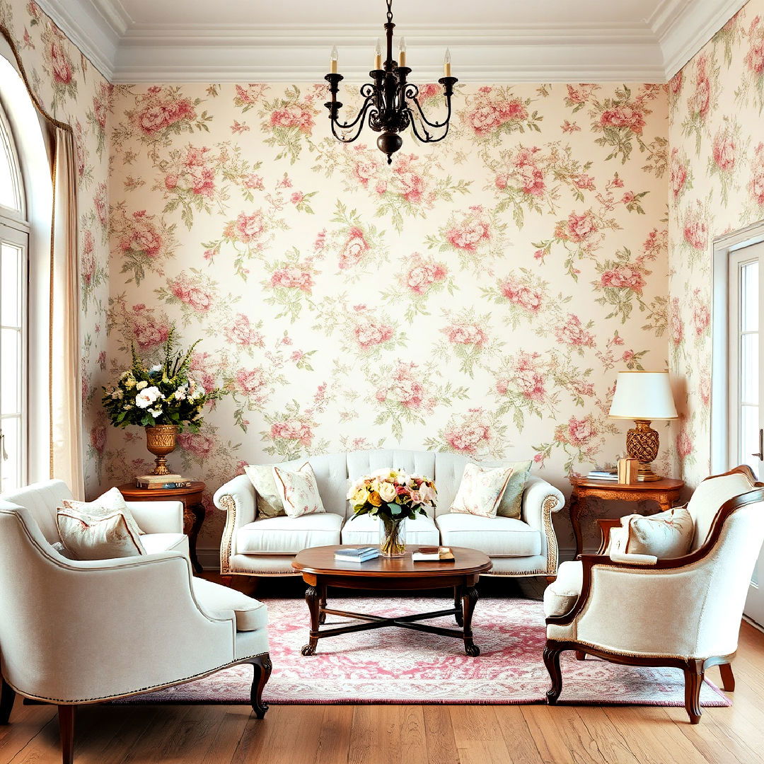 statement floral wallpaper - 25 Shabby-chic Style Living Room Ideas