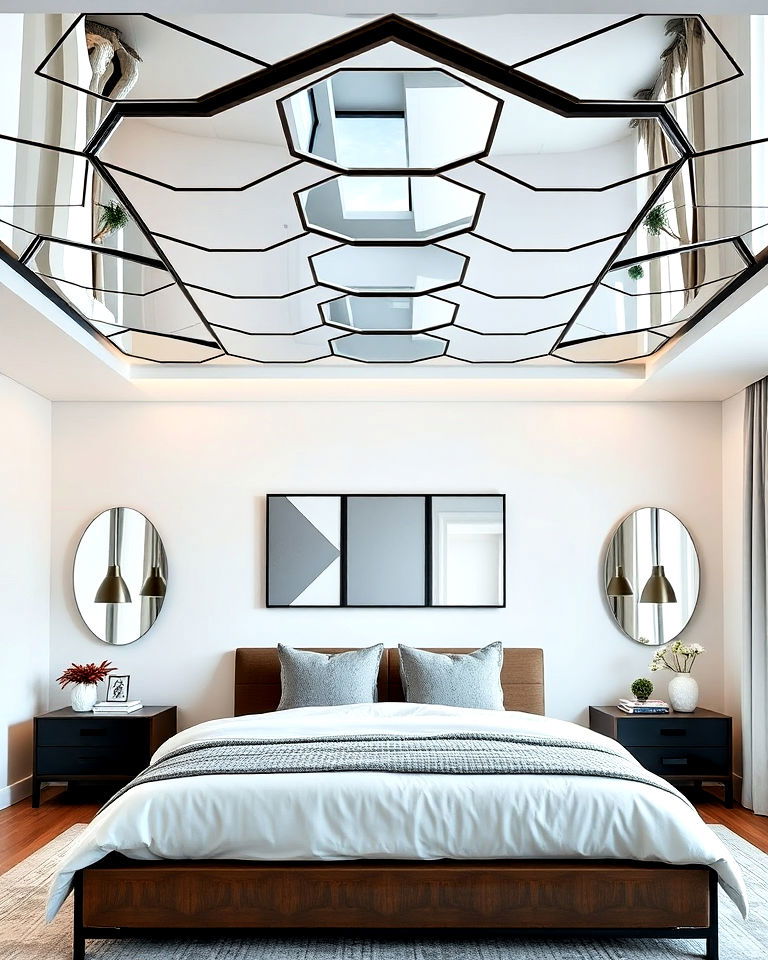 statement geometric mirror design - 20 Mirror on Ceiling Above Bed Ideas