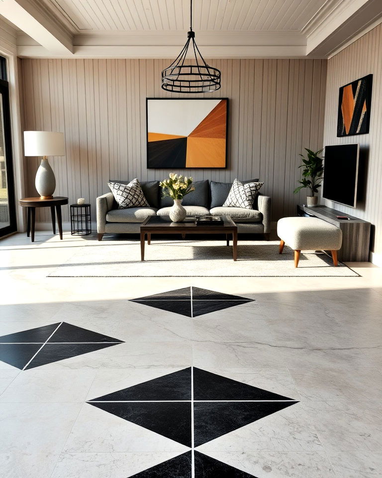 statement geometric patterns on concrete floors - 20 Concrete Floor Living Room Ideas