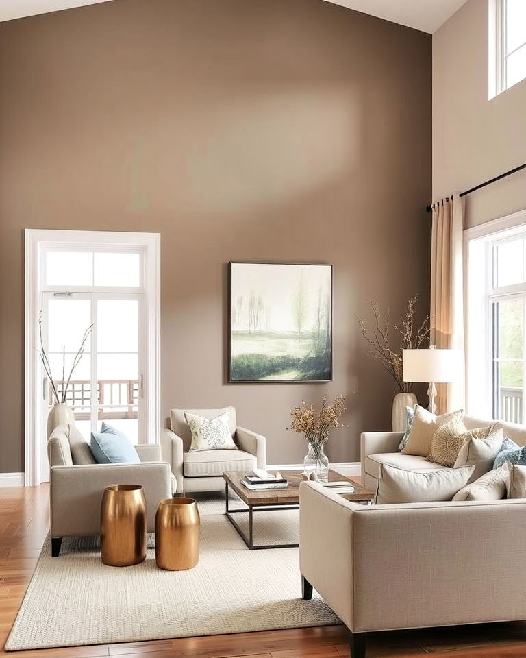 statement greige accent wall - 20 Greige Living Room Ideas