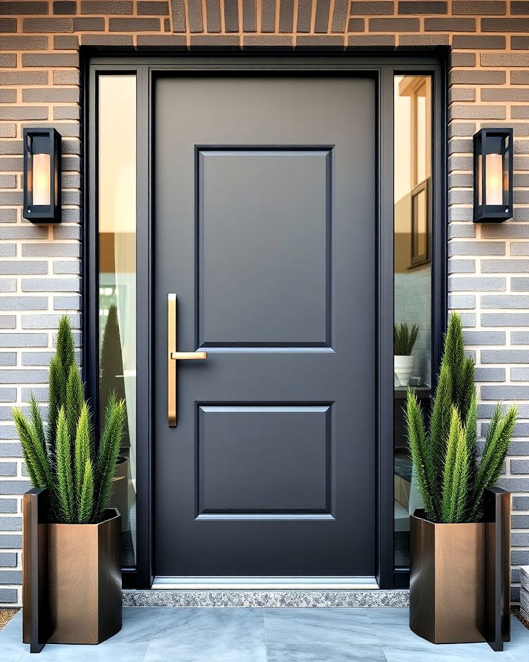 statement gunmetal grey with modern handles - 25 Grey Front Door Ideas