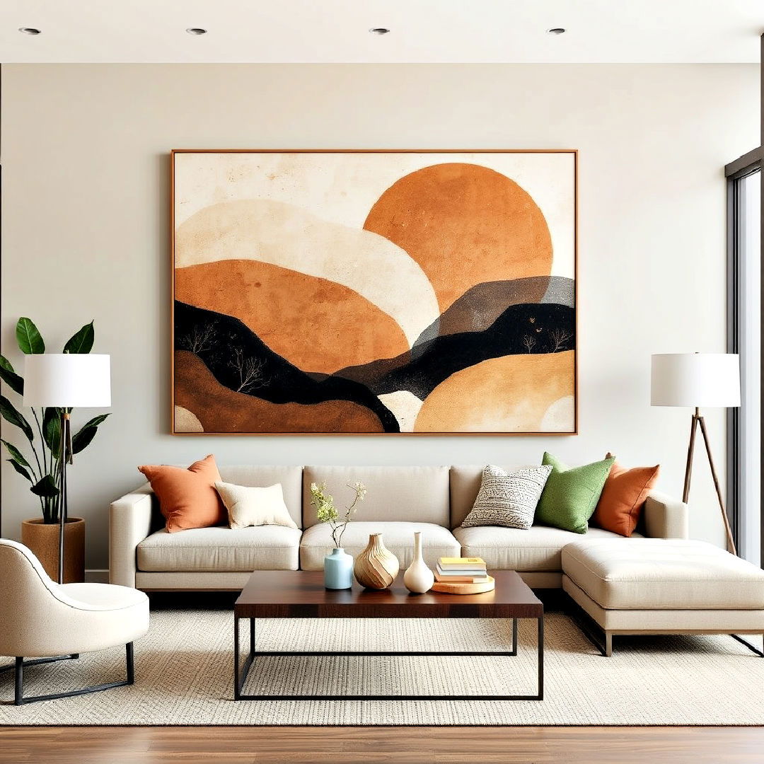 statement large scale artwork with earthy tones - 25 Organic Modern Living Room Design Ideas