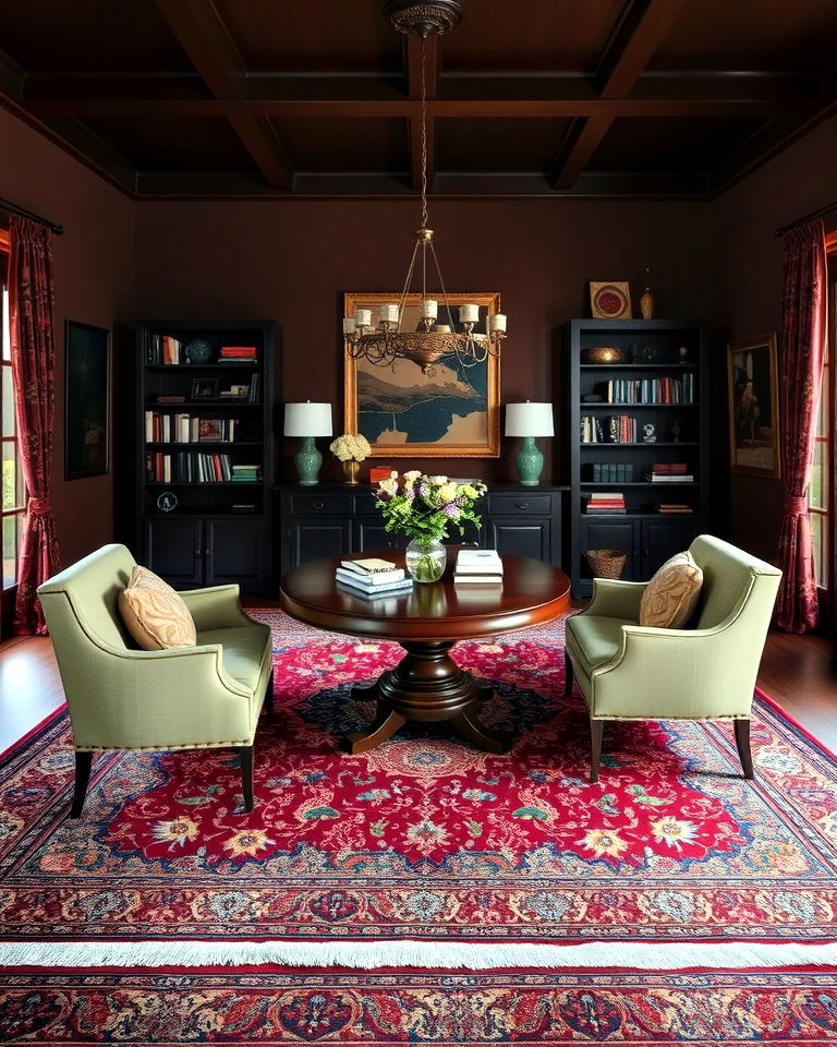 statement layered persian rugs - 20 Dark Academia Dining Room Ideas