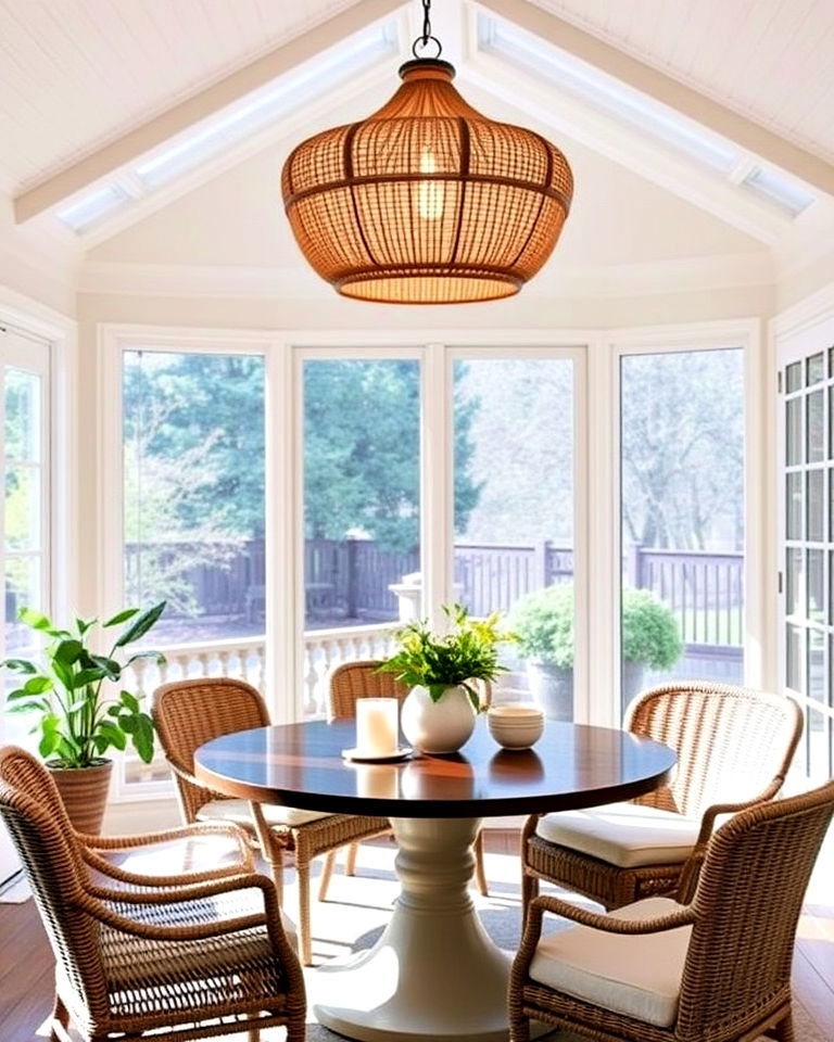 statement light fixture for sunroom dining room - 25 Sunroom Dining Room Ideas