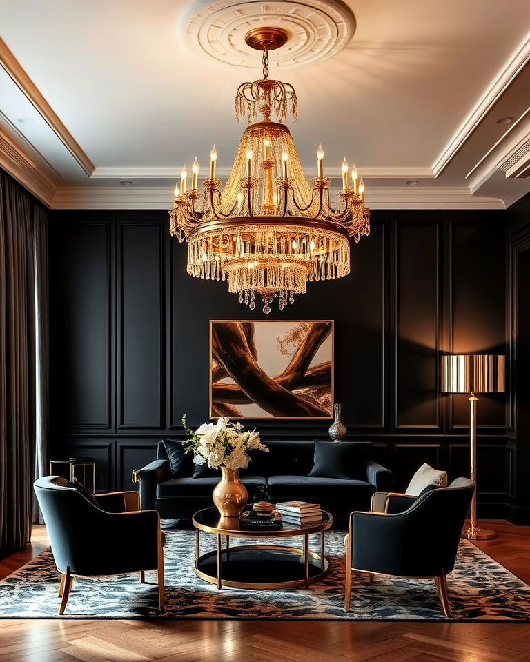 statement lighting fixture for black and gold living room - 40 Black and Gold Living Room Ideas