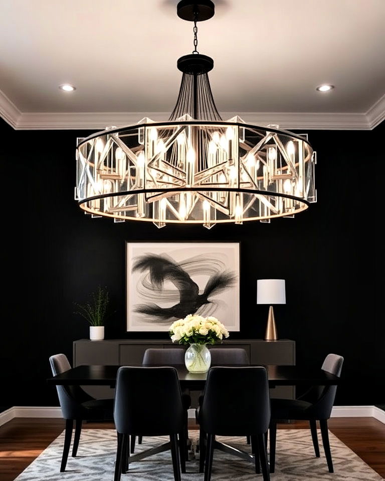 statement lighting fixture over a black accent wall - 20 Black Accent Wall Dining Room Ideas