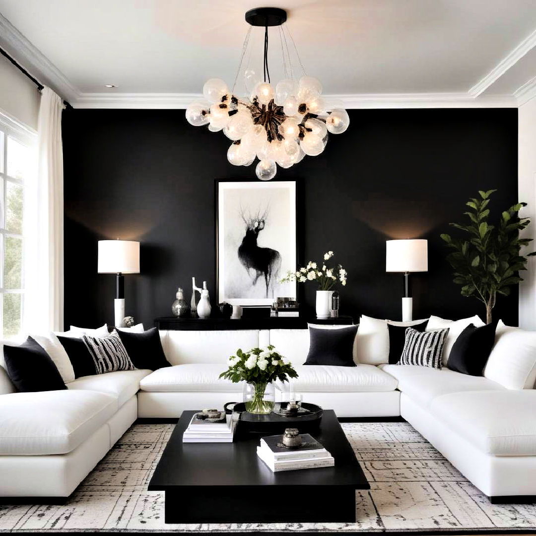 statement lighting fixtures - 30 Black and White Living Room Ideas
