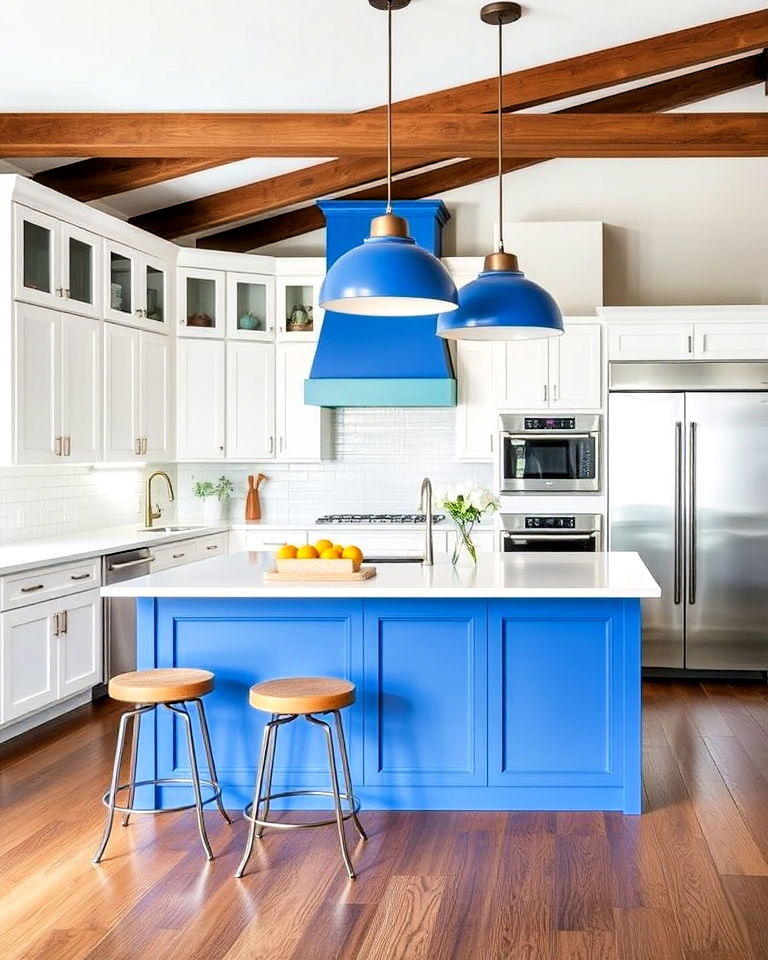 statement lighting for blue island - 30 White Kitchen Cabinets With Blue Island