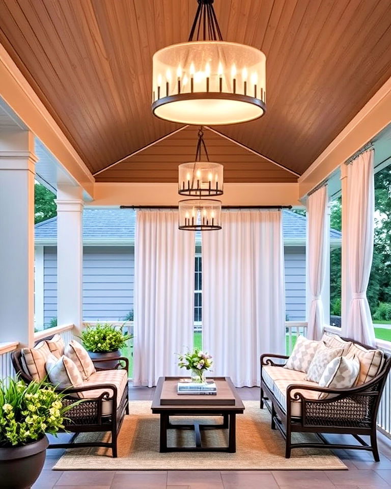 statement lighting for elegant covered porch - 40 Covered Porch Ideas