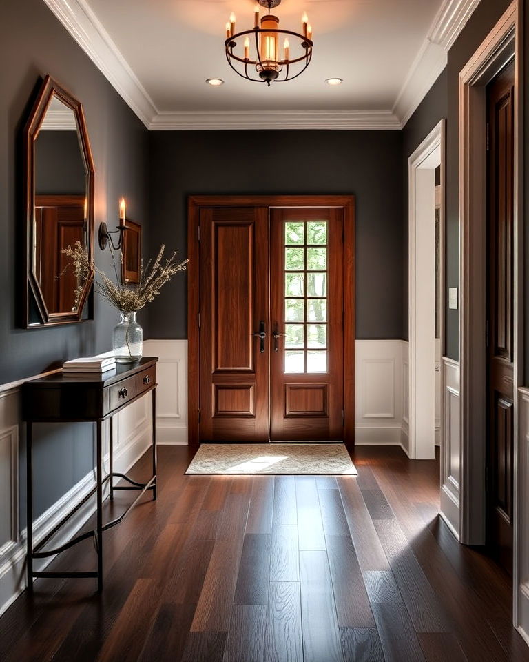 statement lighting for elegant entryway with dark walnut floor - 20 Dark Walnut Floors for Rooms