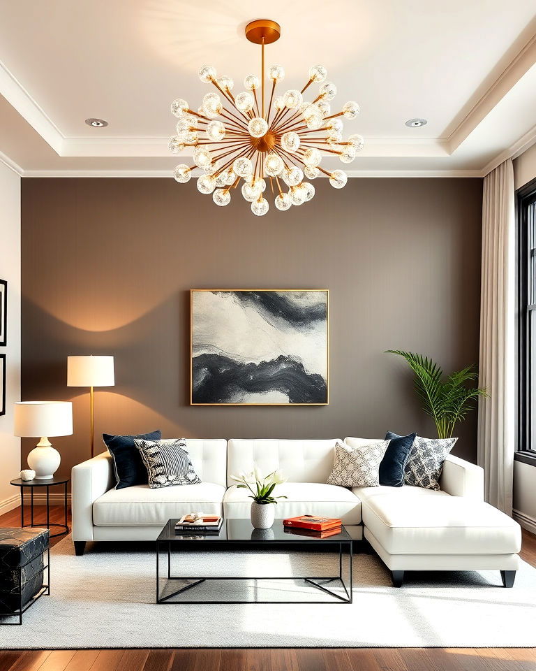 statement lighting for white couch living room - 30 White Couch Living Room Ideas