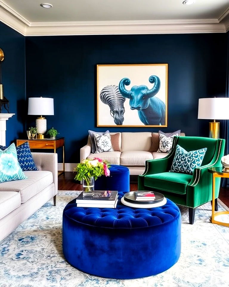 statement luxurious velvet accents - 20 Blue and Green Living Room Ideas