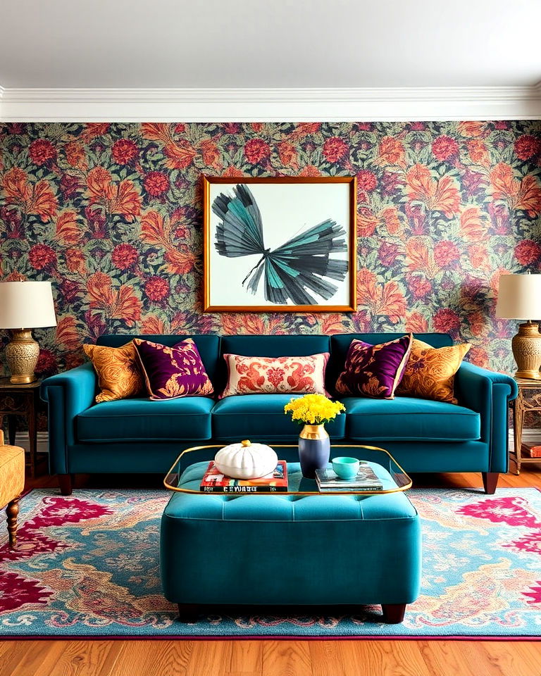 statement making bold prints and patterns - 20 Teal Couch Living Room Ideas