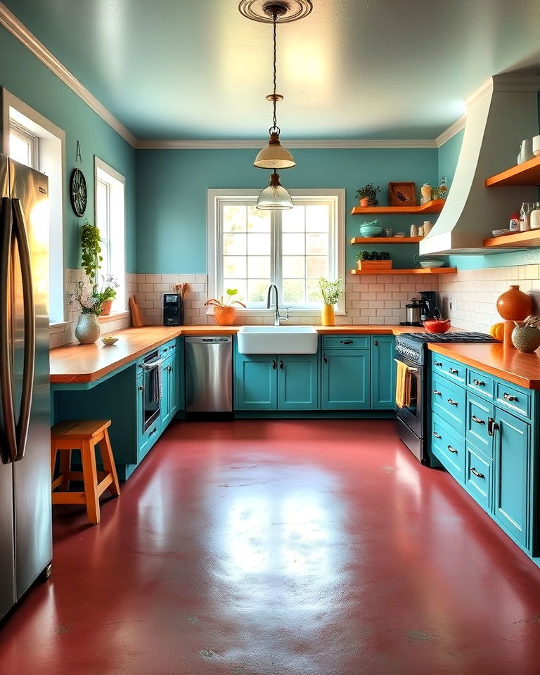 statement making painted concrete floor - 25 Concrete Floor Kitchen Ideas
