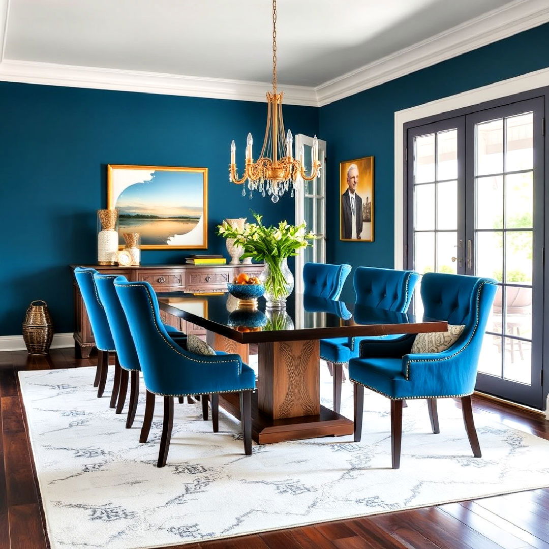 statement peacock blue accent chairs - 40 Blue Dining Room Ideas