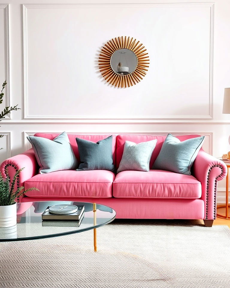 statement pink sofa with grey throw pillows - 25 Pink and Grey Living Room Ideas