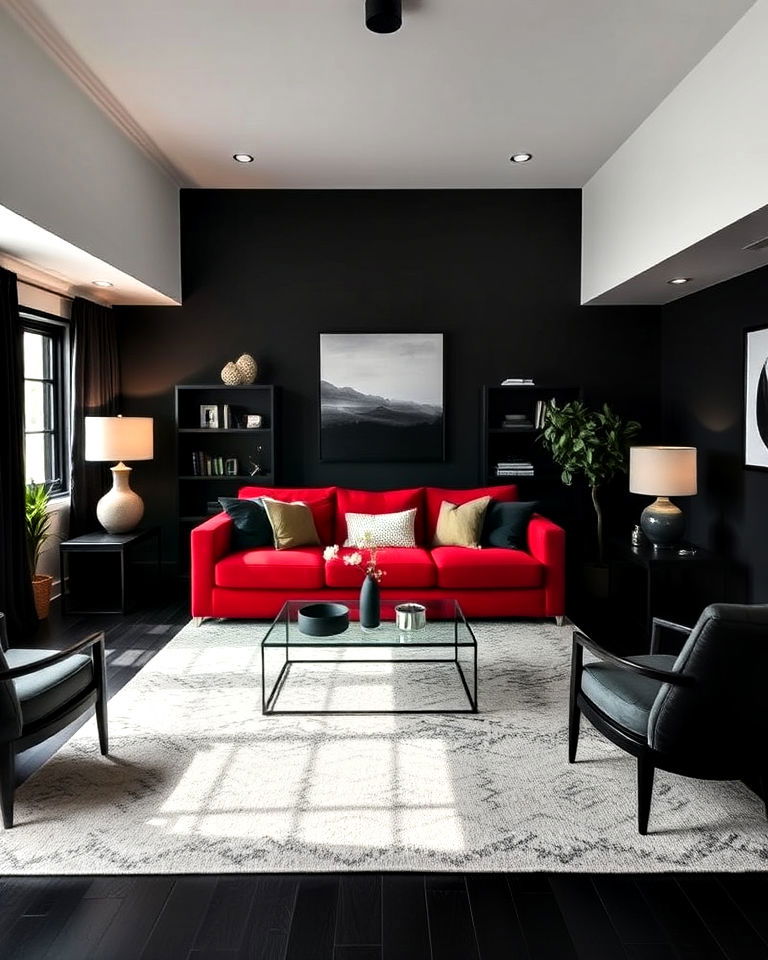 statement red sofa for living room - 25 Black and Red Living Room Ideas