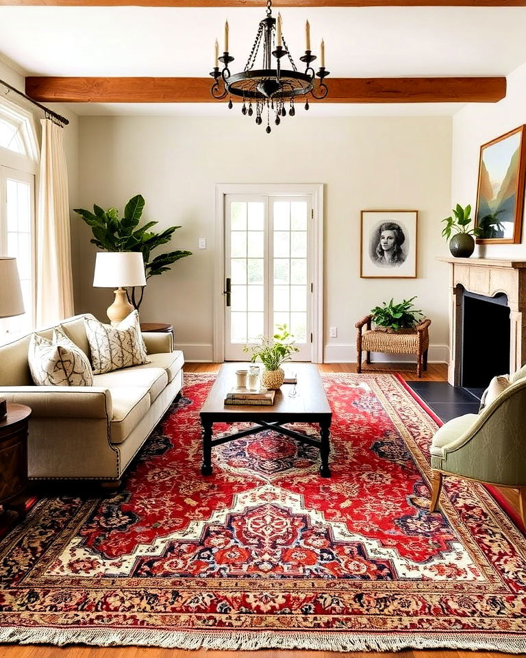 statement rug for joannas living room design - 25 Joanna Gaines Living Room Ideas