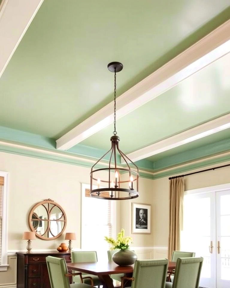 statement sage green ceiling - 25 Sage Green Dining Room Ideas