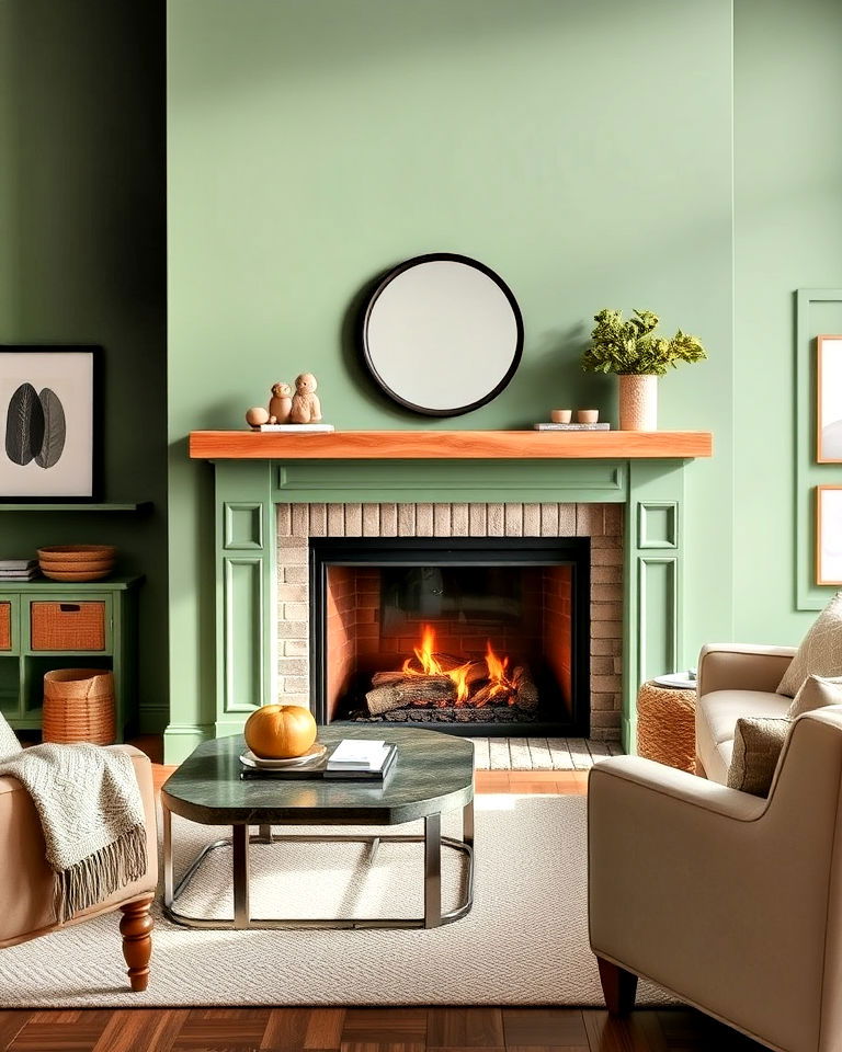 statement sage green fireplace surround - 15 Sage Green Fireplace Ideas