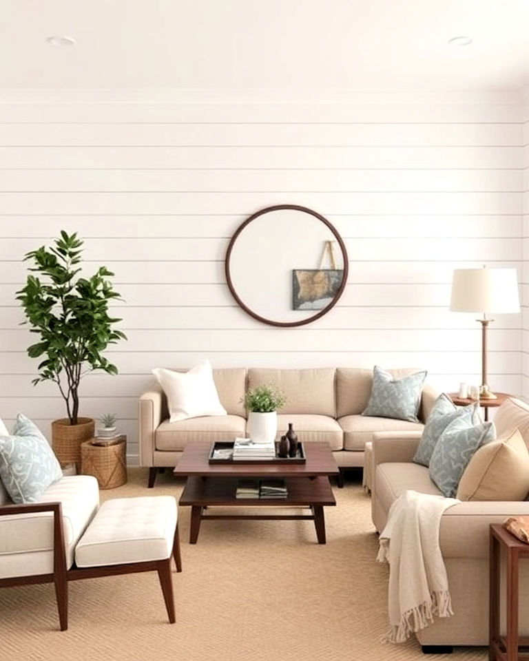statement shiplap walls to add rustic charm - 20 Magnolia Living Room Ideas