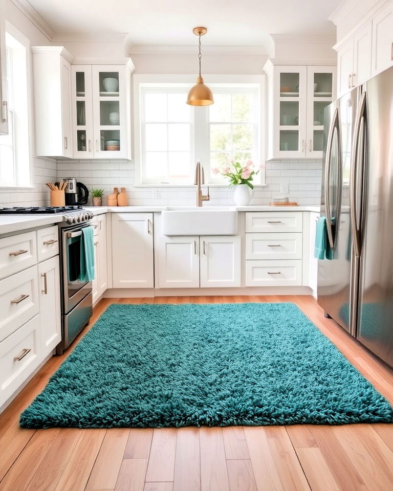 statement teal rug with white cabinets - 20 Teal and White Kitchen Ideas