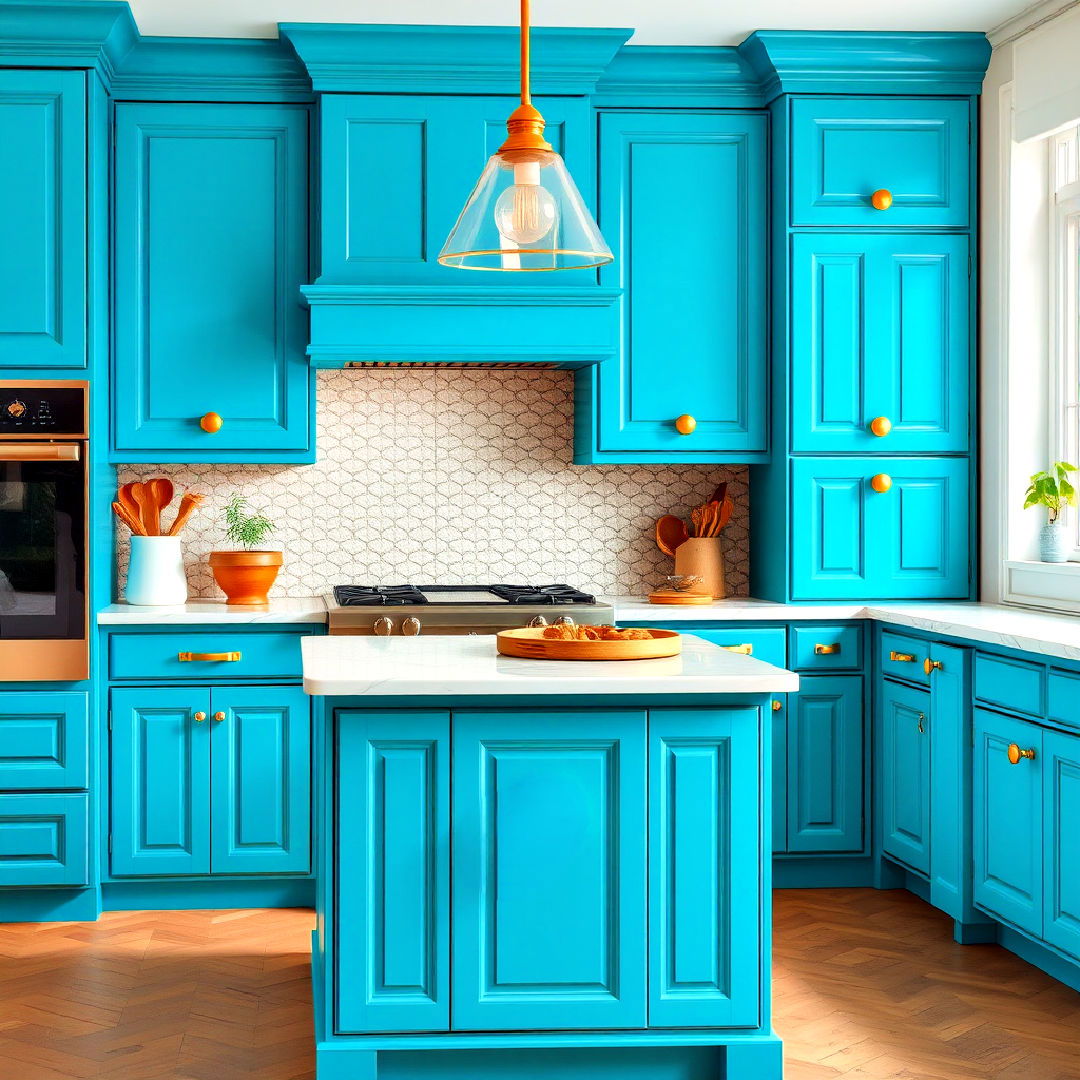 statement turquoise blue cabinets with chunky gold knobs - 30 Blue Kitchen Cabinets With Gold Hardware