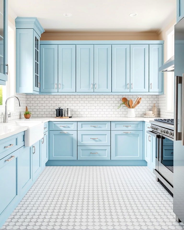 statement white mosaic tiles floor - 25 White Kitchen Floor Ideas