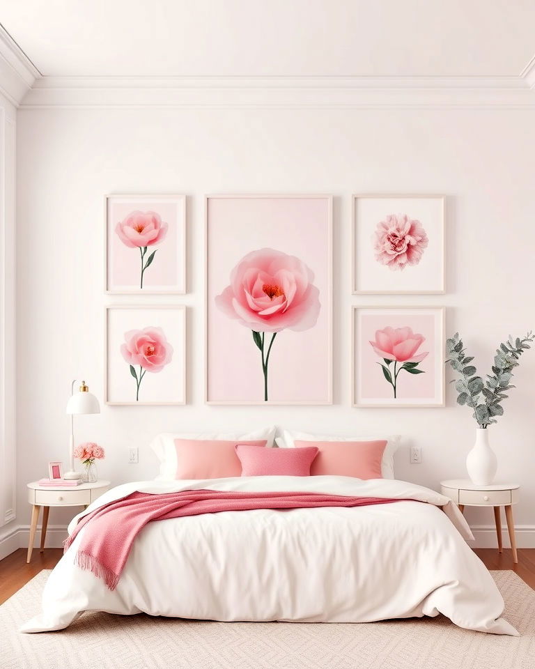statement white walls with pink wall art - 25 Pink and White Bedroom Ideas