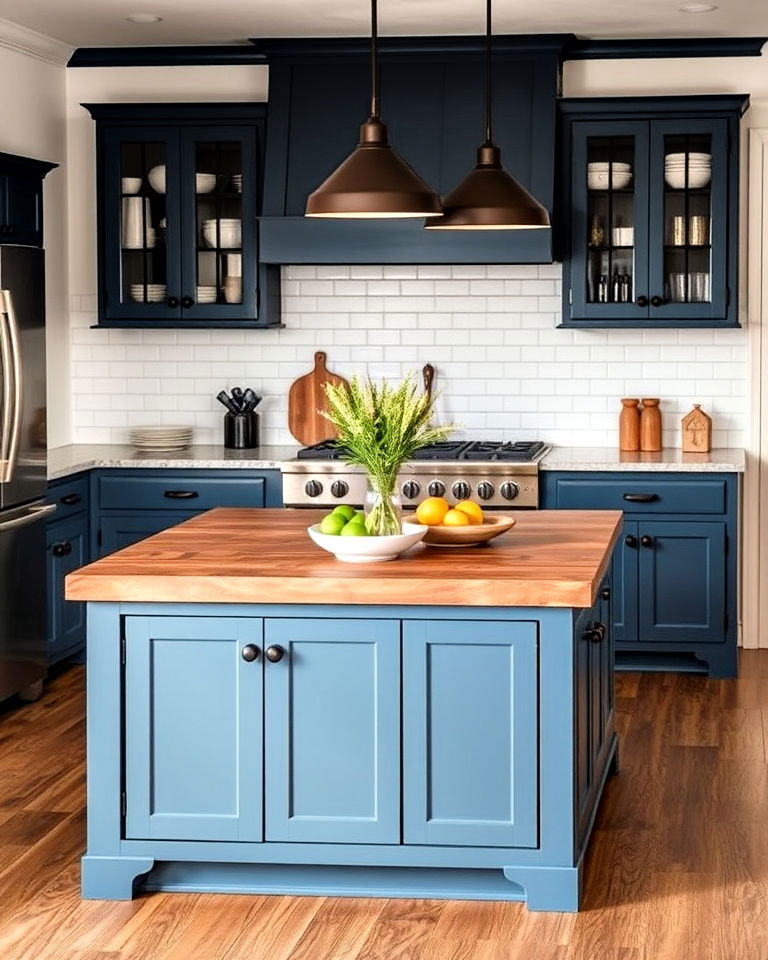 steel blue island cabinets for farmhouse kitchen - 30 Blue Farmhouse Kitchen Cabinets