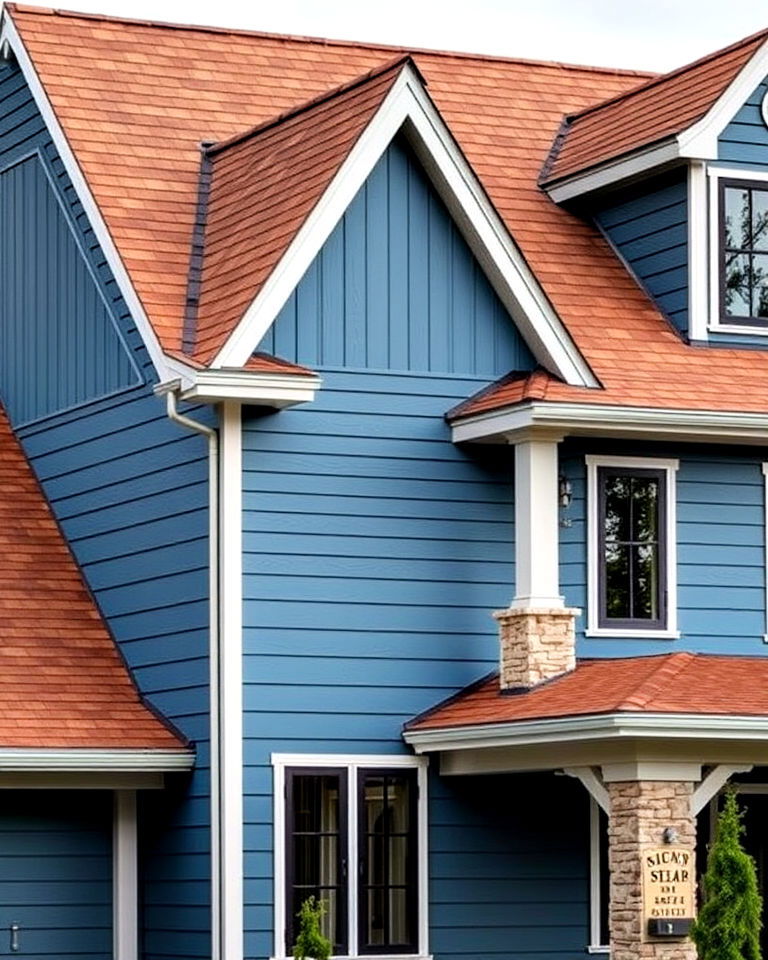 steel blue siding with walnut brown roof - 25 Blue Exterior Home With a Brown Roof Ideas