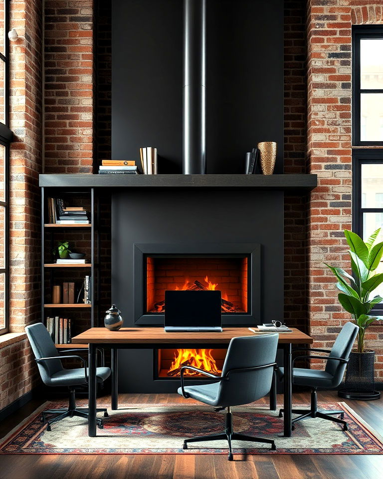 steel fireplace for industrial office - 15 Home Offices With Fireplaces