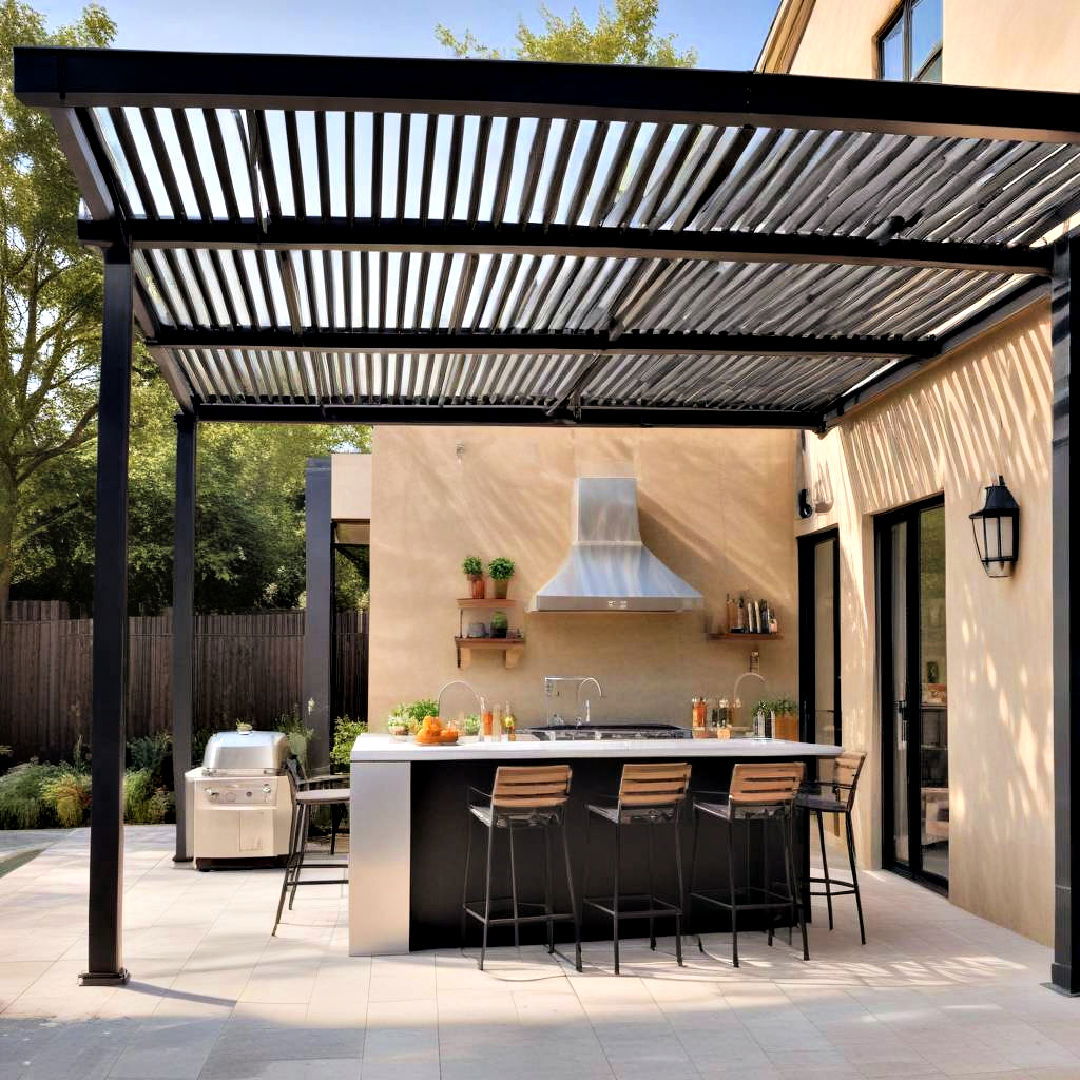 steel framed pergola with retractable roof - 25 Covered Outdoor Kitchen Ideas