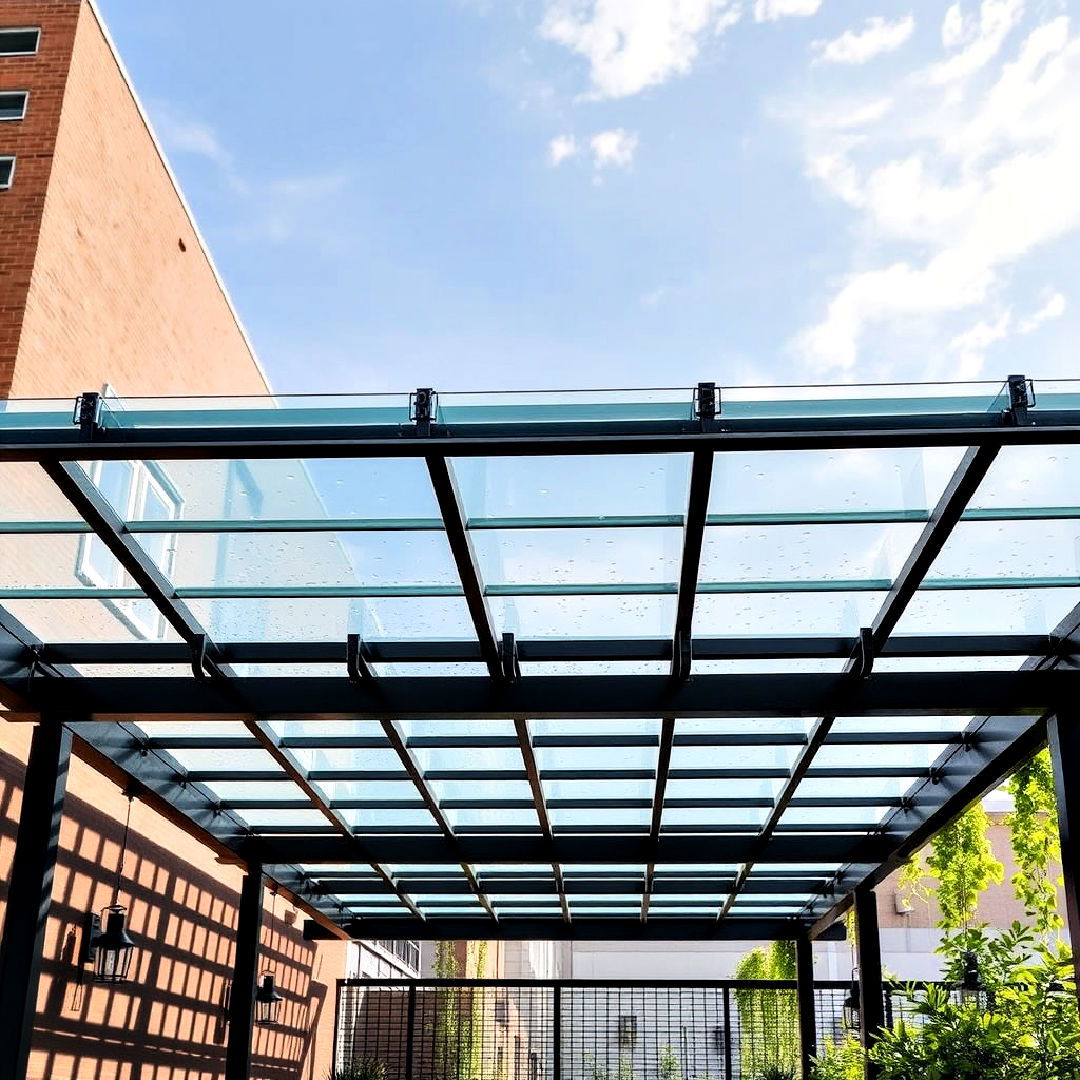 steel pergola with glass panels for a sleek look - 40 Patio With a Pergola Ideas