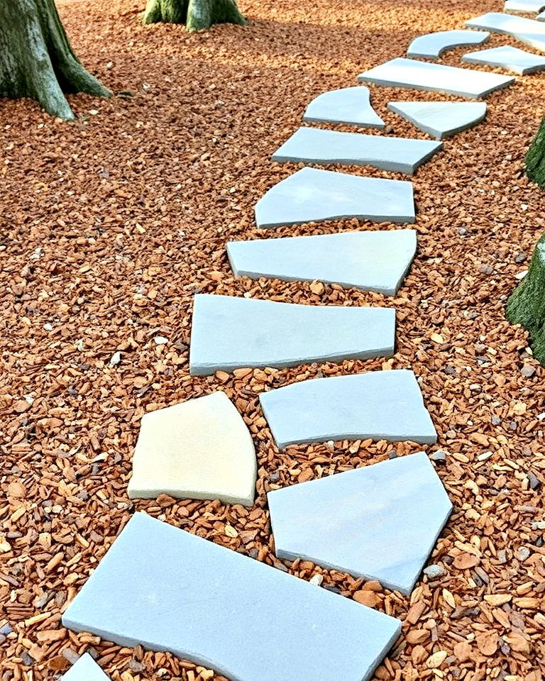 stepping stones pathway surrounded by mulch - 30 Stepping Stone Walkway Ideas
