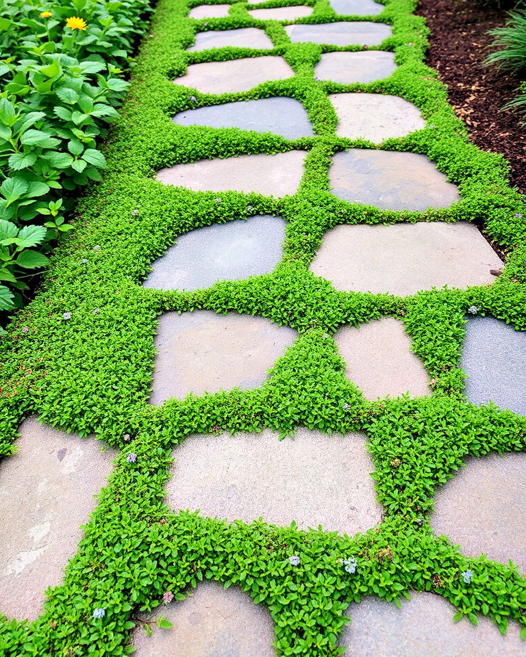 stepping stones pathway with ground cover plants - 30 Stepping Stone Walkway Ideas