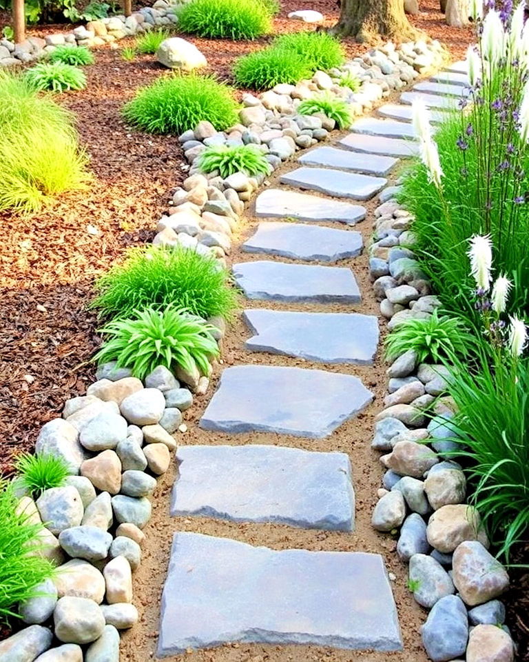 stepping stones pathway with river rock border - 30 Stepping Stone Walkway Ideas