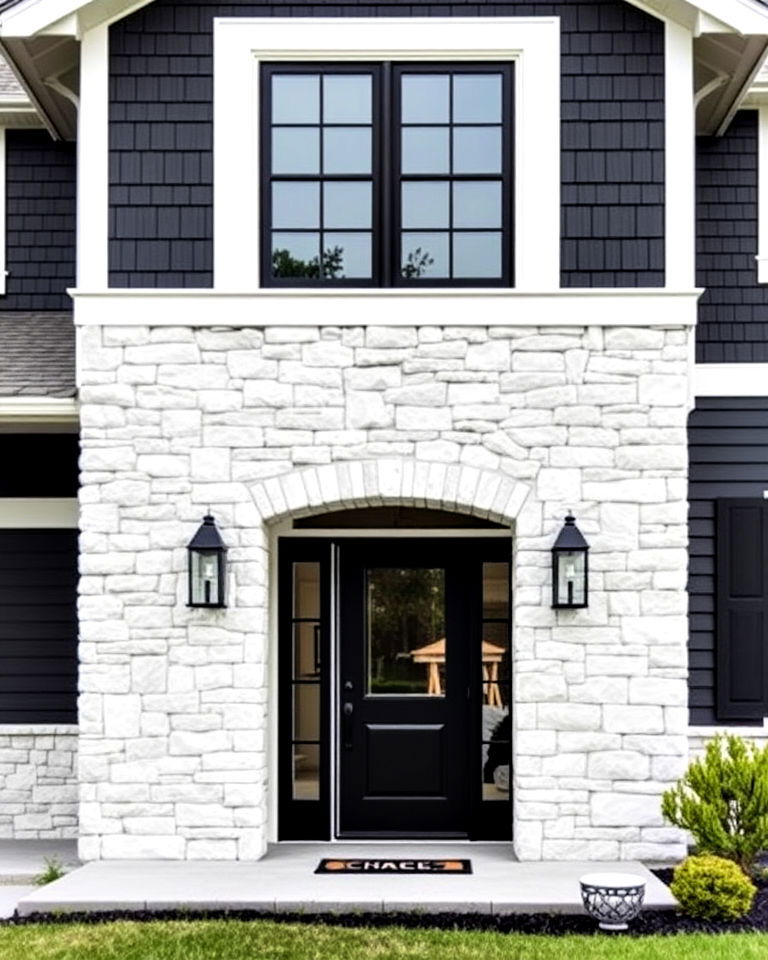 stone accent wall for black siding home - 30 Black Siding House Ideas