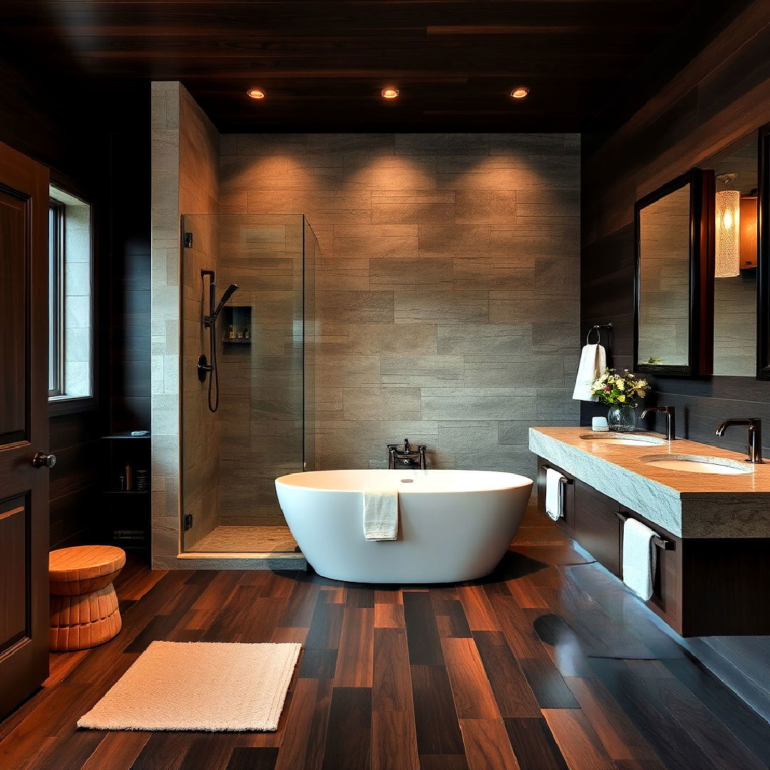 stone accents for dark wood bathroom floor - 25 Dark Wood Floor Bathroom Ideas