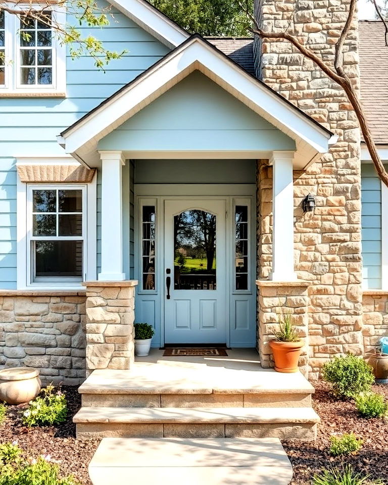 stone accents for pastel blue exterior - 25 Light Blue House Exterior Ideas