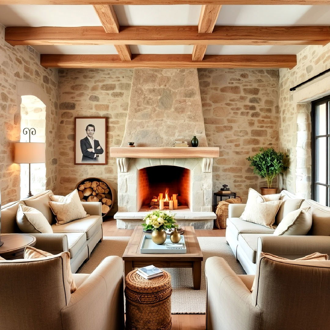 stone accents for rustic elegance - 40 French Country Living Room Ideas