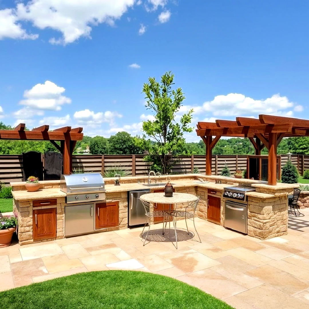 stone accents for rustic l shaped kitchen - 20 L Shaped Outdoor Kitchen Ideas