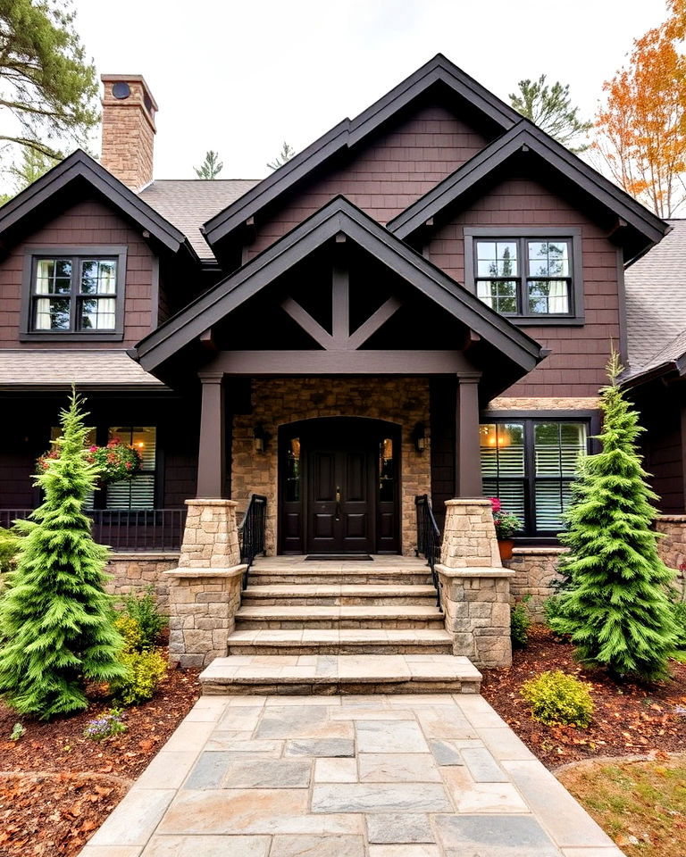 stone accents with deep espresso - 25 Dark Brown House Exterior Ideas