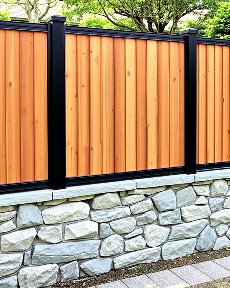 stone and wood combination fence design - 40 Japanese Fence Ideas