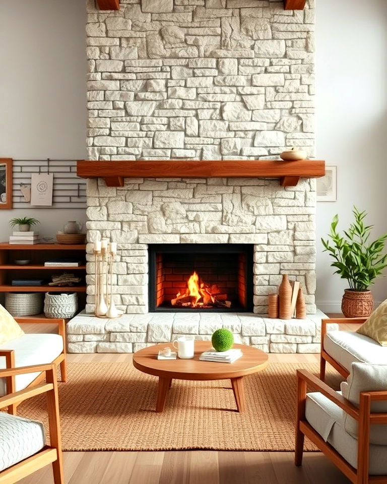stone clad fireplace wall for scandinavian interiors - 20 Scandinavian Fireplace Ideas
