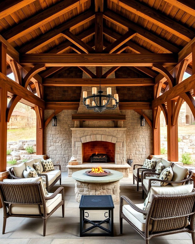 stone fireplace and rustic timber pavilion - 15 Backyard Pavilions With Fireplaces