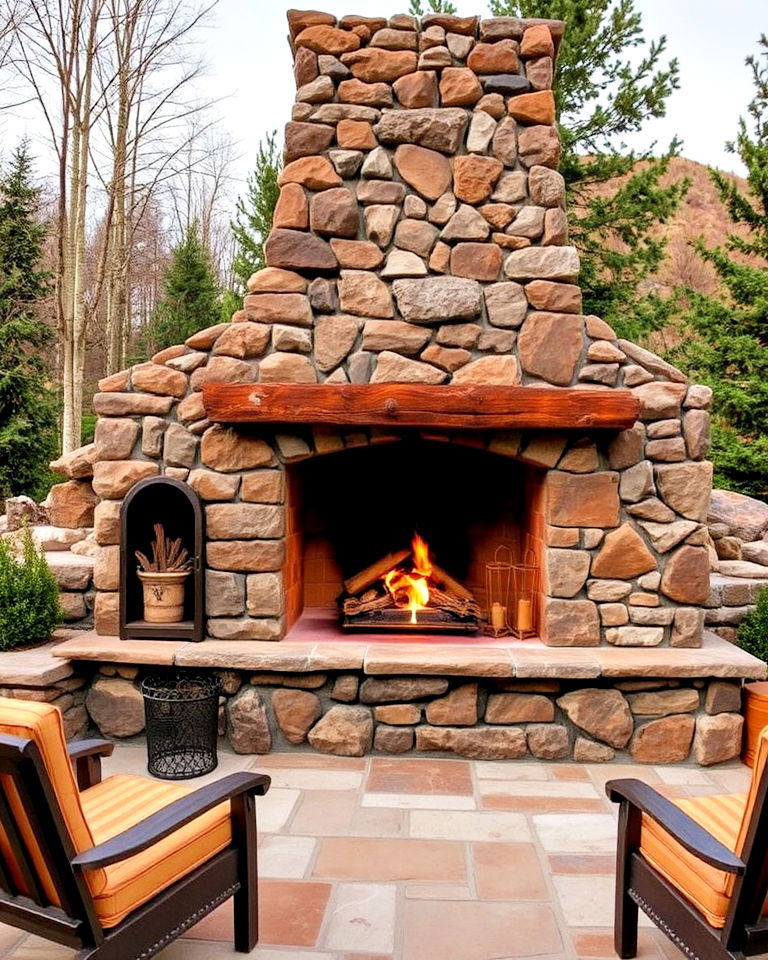 stone fireplace for cool evenings - 30 Rustic Landscaping Ideas