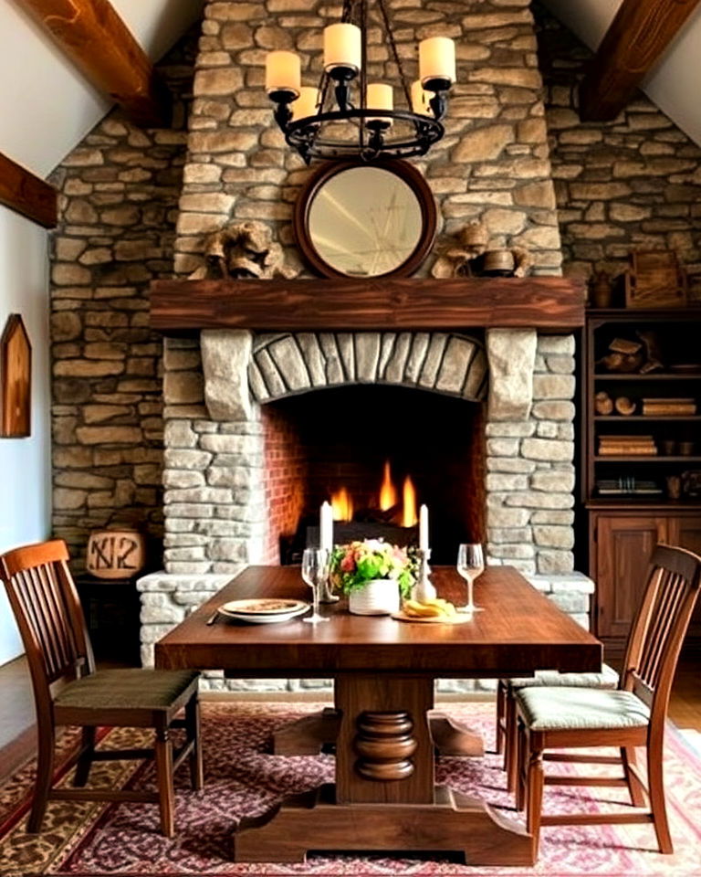 stone fireplace for rustic dining room - 30 Dining Rooms With Fireplaces