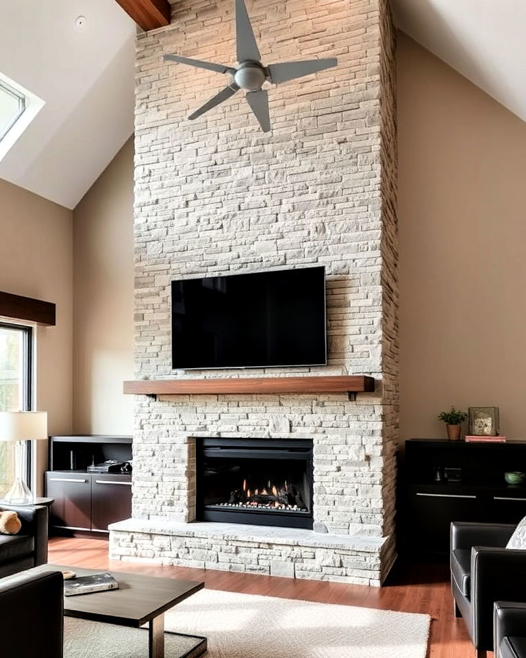 stone fireplace with integrated tv mount ideas - 20 Floor-to-Ceiling Stone Fireplace Ideas